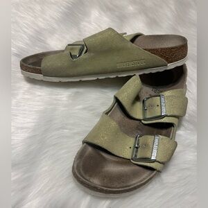 Birkenstock Arizona Washed Metallic Sandals - Olive Green